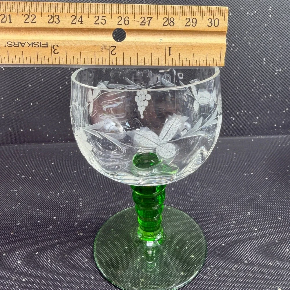 Vintage Roemer Etched Grape Wine Glasses Green Beehive Stem Set of 2 Cups VTG